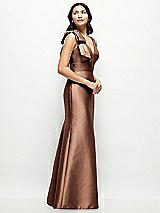 Side View Thumbnail - Cognac Deep V-back Satin Trumpet Dress with Cascading Bow at One Shoulder