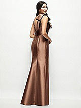 Rear View Thumbnail - Cognac Deep V-back Satin Trumpet Dress with Cascading Bow at One Shoulder