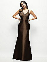 Front View Thumbnail - Espresso Deep V-back Satin Trumpet Dress with Cascading Bow at One Shoulder