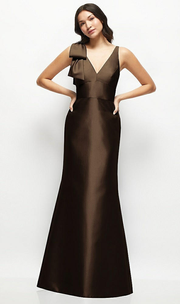 Front View - Espresso Deep V-back Satin Trumpet Dress with Cascading Bow at One Shoulder