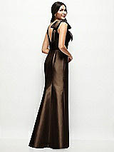 Rear View Thumbnail - Espresso Deep V-back Satin Trumpet Dress with Cascading Bow at One Shoulder