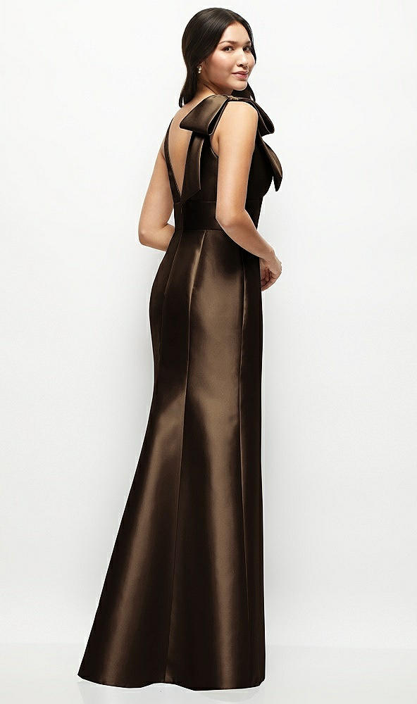 Back View - Espresso Deep V-back Satin Trumpet Dress with Cascading Bow at One Shoulder