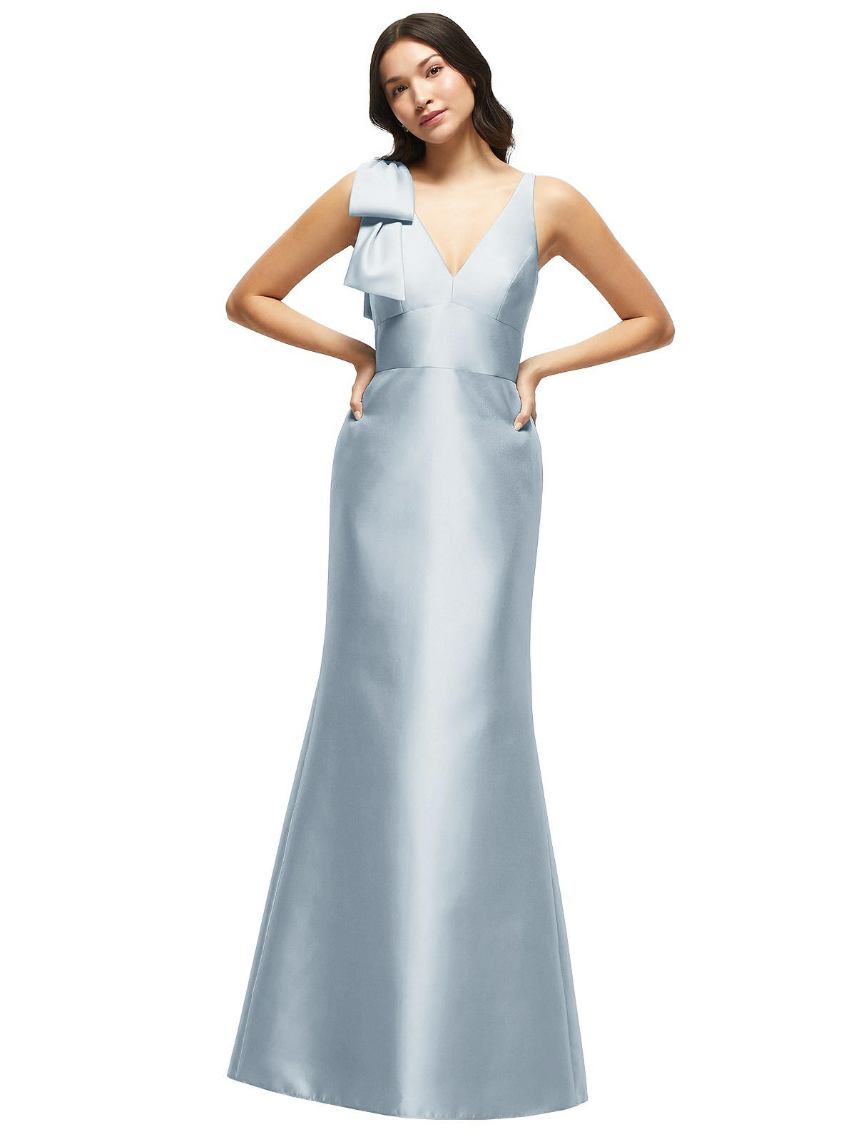 Alfred Sung Women's Deep V-back Satin Trumpet Dress with Cascading Bow at One Shoulder - Cloudy