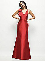 Front View Thumbnail - Poppy Red Deep V-back Satin Trumpet Dress with Cascading Bow at One Shoulder