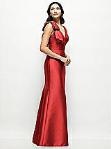 Side View Thumbnail - Poppy Red Deep V-back Satin Trumpet Dress with Cascading Bow at One Shoulder