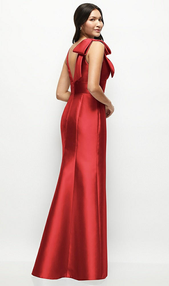 Back View - Poppy Red Deep V-back Satin Trumpet Dress with Cascading Bow at One Shoulder