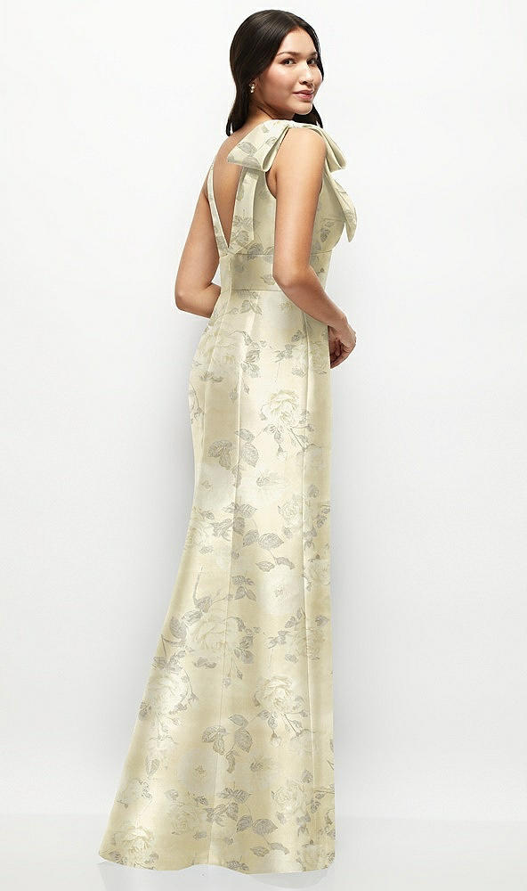 Back View - Butter Yellow Floral Deep V-back Floral Satin Trumpet Dress with One-Shoulder Cascading Bow