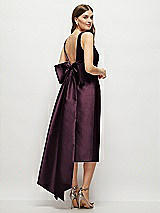 Rear View Thumbnail - Deep Plum Scoop Neck Corset Satin Midi Dress with Floor-Length Bow Tails