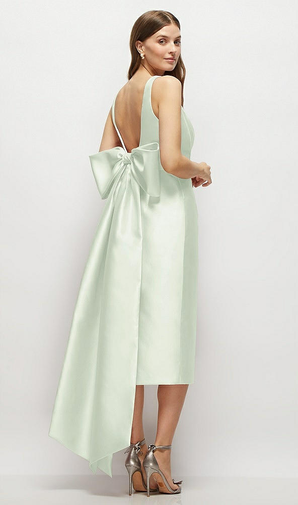 Back View - Mint Green Scoop Neck Corset Satin Midi Dress with Floor-Length Bow Tails