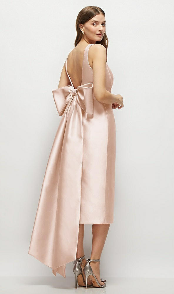 Back View - Cameo Scoop Neck Corset Satin Midi Dress with Floor-Length Bow Tails