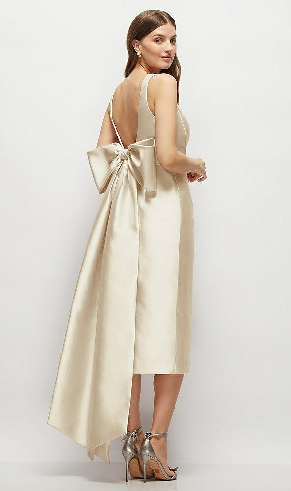 Back View - Champagne Scoop Neck Corset Satin Midi Dress with Floor-Length Bow Tails
