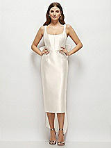 Front View Thumbnail - Ivory Scoop Neck Corset Satin Midi Dress with Floor-Length Bow Tails