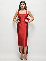 Front View Thumbnail - Poppy Red Scoop Neck Corset Satin Midi Dress with Floor-Length Bow Tails