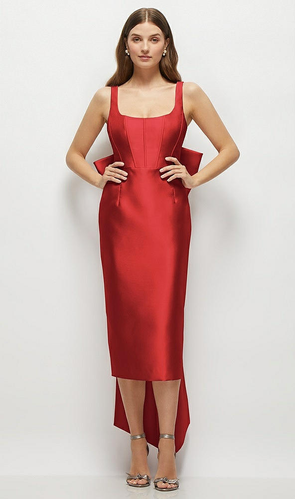 Front View - Poppy Red Scoop Neck Corset Satin Midi Dress with Floor-Length Bow Tails