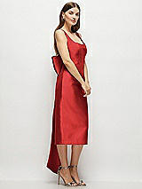 Side View Thumbnail - Poppy Red Scoop Neck Corset Satin Midi Dress with Floor-Length Bow Tails