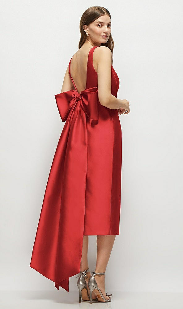 Back View - Poppy Red Scoop Neck Corset Satin Midi Dress with Floor-Length Bow Tails