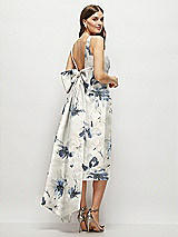 Rear View Thumbnail - Inkwash Blue Floral Floral Scoop Neck Corset Satin Midi Dress with Floor-Length Bow Tails
