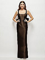 Rear View Thumbnail - Espresso Scoop Neck Corset Satin Maxi Dress with Floor-Length Bow Tails