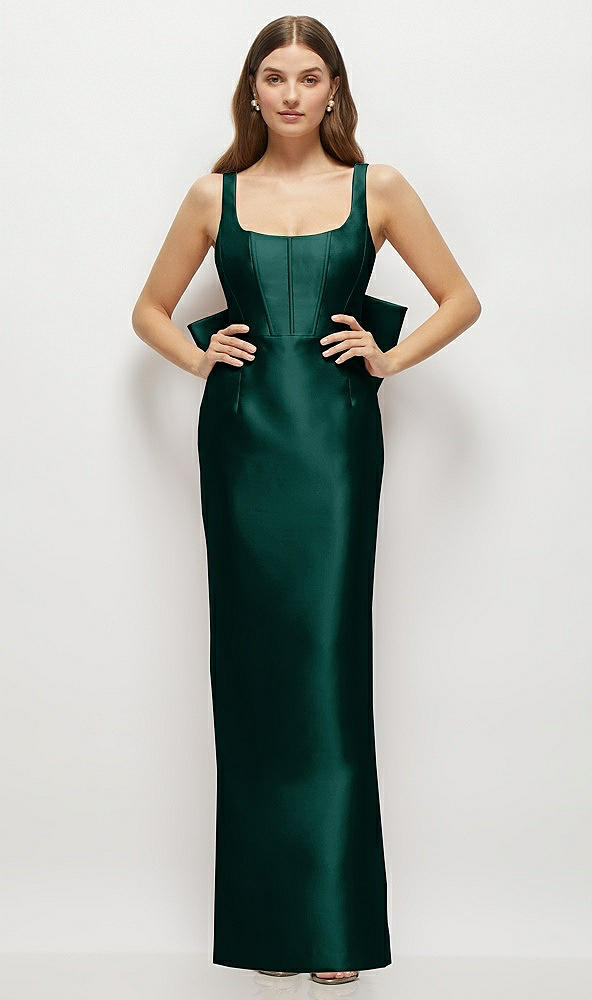 Back View - Evergreen Scoop Neck Corset Satin Maxi Dress with Floor-Length Bow Tails