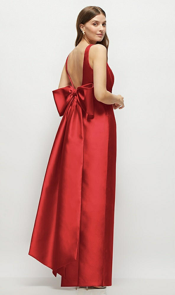 Front View - Poppy Red Scoop Neck Corset Satin Maxi Dress with Floor-Length Bow Tails