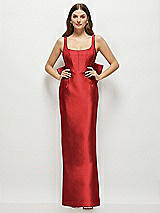 Rear View Thumbnail - Poppy Red Scoop Neck Corset Satin Maxi Dress with Floor-Length Bow Tails