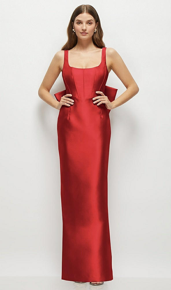 Back View - Poppy Red Scoop Neck Corset Satin Maxi Dress with Floor-Length Bow Tails