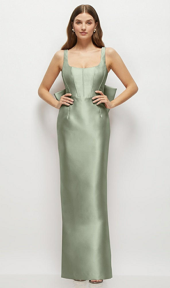 Back View - Sage Scoop Neck Corset Satin Maxi Dress with Floor-Length Bow Tails