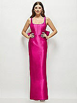 Rear View Thumbnail - Think Pink Scoop Neck Corset Satin Maxi Dress with Floor-Length Bow Tails