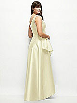 Rear View Thumbnail - Butter Yellow Beaded Floral Bodice Satin Maxi Dress with Layered Ballgown Skirt
