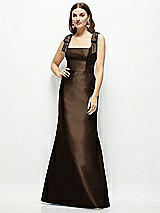 Front View Thumbnail - Espresso Satin Fit and Flare Maxi Dress with Shoulder Bows