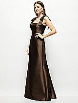 Side View Thumbnail - Espresso Satin Fit and Flare Maxi Dress with Shoulder Bows