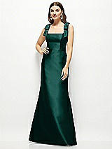 Front View Thumbnail - Evergreen Satin Fit and Flare Maxi Dress with Shoulder Bows