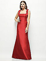 Front View Thumbnail - Poppy Red Satin Fit and Flare Maxi Dress with Shoulder Bows
