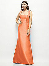 Front View Thumbnail - Portofino Orange Satin Fit and Flare Maxi Dress with Shoulder Bows