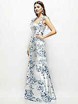 Side View Thumbnail - Cottage Rose Larkspur Floral Satin Fit and Flare Maxi Dress with Shoulder Bows