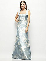 Front View Thumbnail - Porcelain Blue Seraphina Floral Floral Satin Fit and Flare Maxi Dress with Shoulder Bows