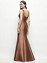 Rear View Thumbnail - Cognac Satin Square Neck Fit and Flare Maxi Dress