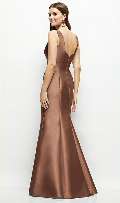 Satin Square Neck Fit And Flare Maxi Bridesmaid Dress In Cognac