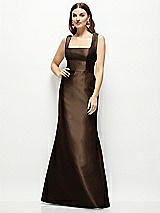 Front View Thumbnail - Espresso Satin Square Neck Fit and Flare Maxi Dress