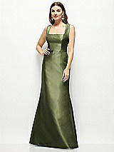 Front View Thumbnail - Olive Green Satin Square Neck Fit and Flare Maxi Dress