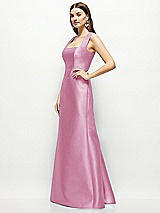 Side View Thumbnail - Powder Pink Satin Square Neck Fit and Flare Maxi Dress