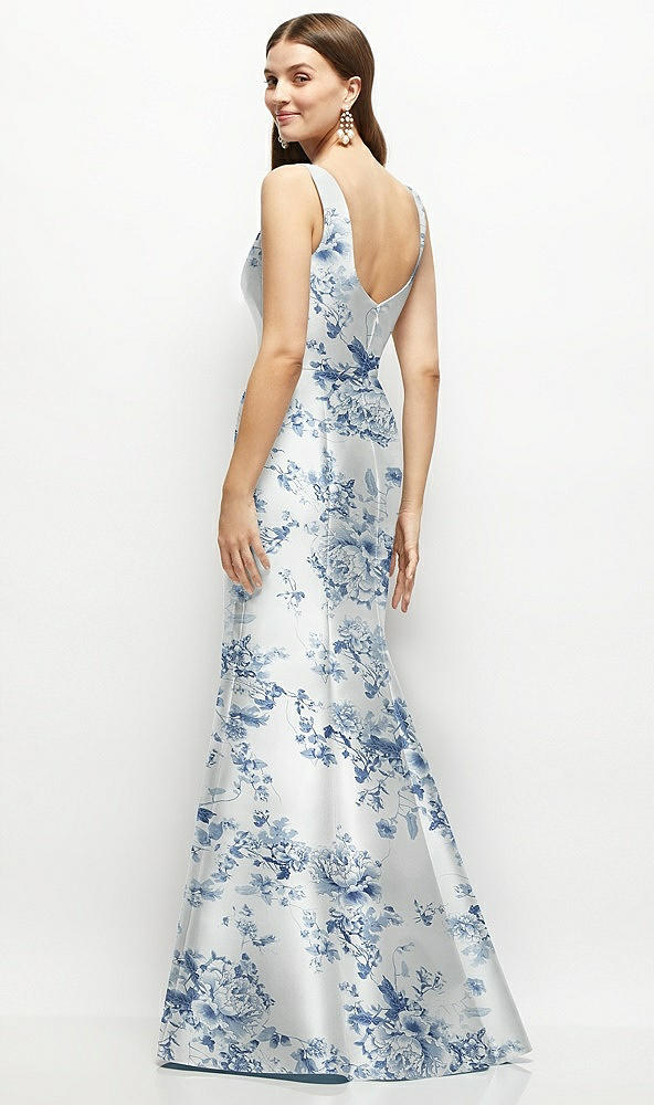 Back View - Cottage Rose Larkspur Floral Satin Square Neck Fit and Flare Maxi Dress