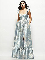 Front View Thumbnail - Porcelain Blue Seraphina Floral Floral Satin Corset Maxi Dress with Ruffle Straps & Skirt