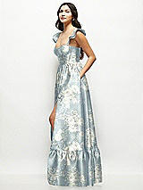 Side View Thumbnail - Porcelain Blue Seraphina Floral Floral Satin Corset Maxi Dress with Ruffle Straps & Skirt