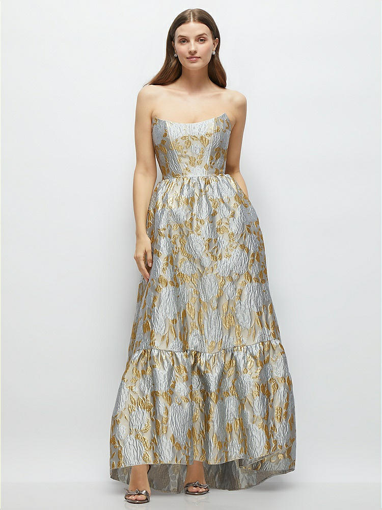Navy Rose Damask strapless Cat-eye Bodice Maxi Bridesmaid Dress With Ruffle  Hem In Midnight Navy Damask | The Dessy Group