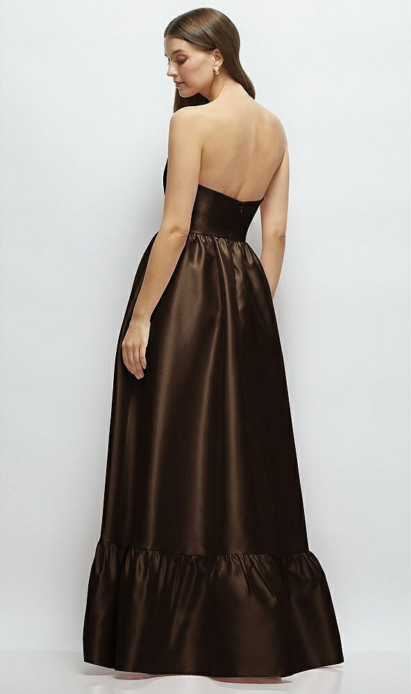 Back View - Espresso Strapless Cat-Eye Boned Bodice Maxi Dress with Ruffle Hem