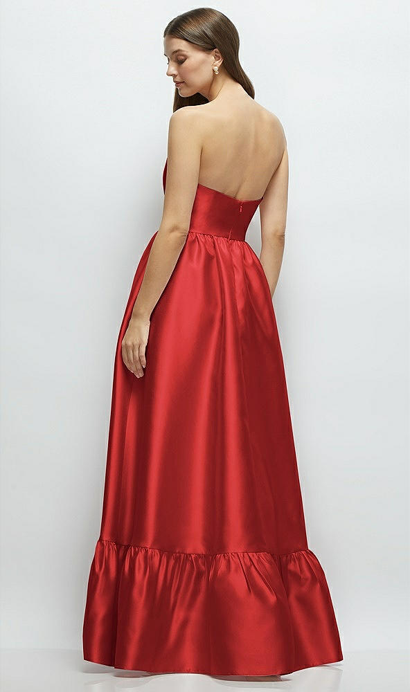 Back View - Poppy Red Strapless Cat-Eye Boned Bodice Maxi Dress with Ruffle Hem