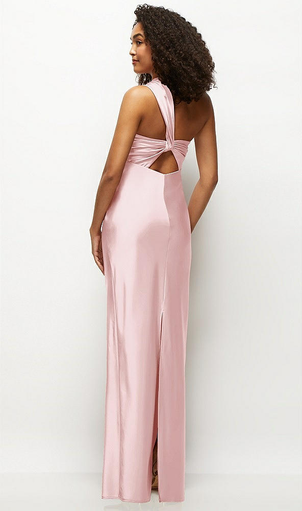 Back View - Ballet Pink Satin Twist Bandeau One-Shoulder Bias Maxi Dress