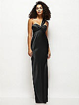 Front View Thumbnail - Black Satin Twist Bandeau One-Shoulder Bias Maxi Dress