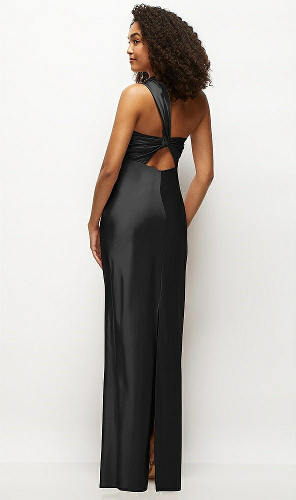 Back View - Black Satin Twist Bandeau One-Shoulder Bias Maxi Dress